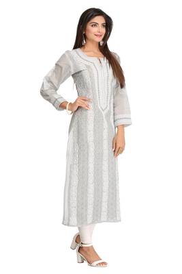 Grey Embroidered Cotton Chikankari Kurti 3