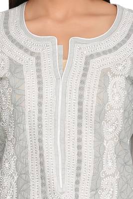 Grey Embroidered Cotton Chikankari Kurti 4
