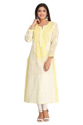 Lemon Embroidered Cotton Chikankari Kurti 1