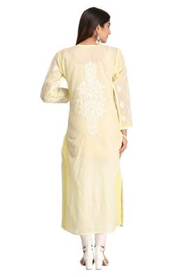 Lemon Embroidered Cotton Chikankari Kurti 2
