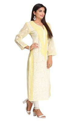 Lemon Embroidered Cotton Chikankari Kurti 3