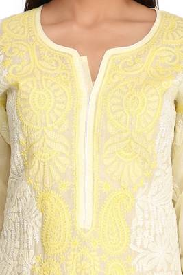 Lemon Embroidered Cotton Chikankari Kurti 4