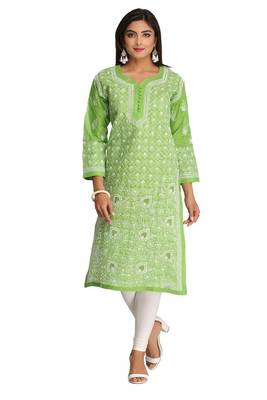 Green Embroidered Cotton Chikankari Kurti 1