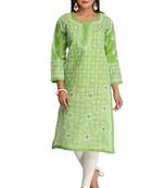 Green Embroidered Cotton Chikankari Kurti