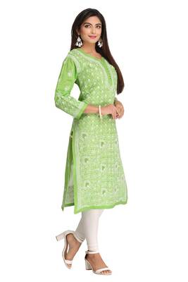 Green Embroidered Cotton Chikankari Kurti 3