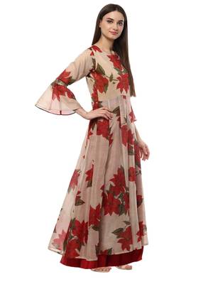 Beige printed chanderi kurti 5