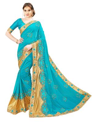 Turquoise embroidered art silk saree with blouse 1