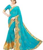 Turquoise embroidered art silk saree with blouse