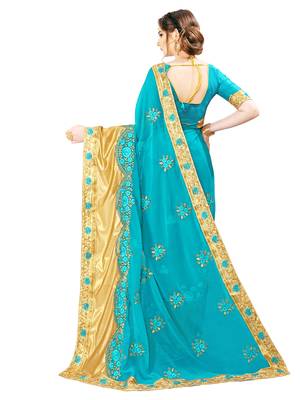 Turquoise embroidered art silk saree with blouse 2