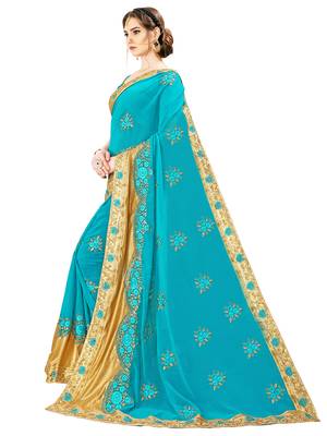 Turquoise embroidered art silk saree with blouse 3