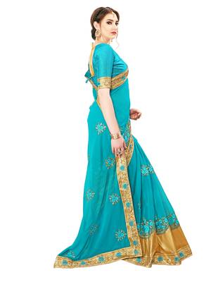 Turquoise embroidered art silk saree with blouse 4