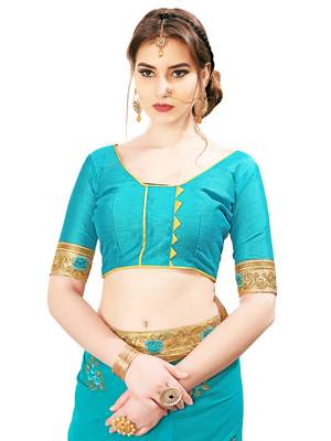 Turquoise embroidered art silk saree with blouse 5