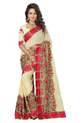 Beige embroidered georgette saree with blouse 1