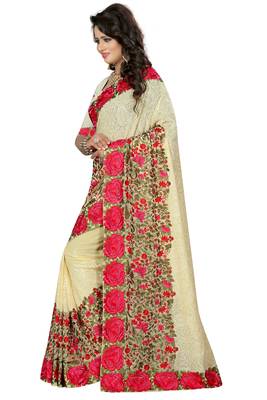 Beige embroidered georgette saree with blouse 2