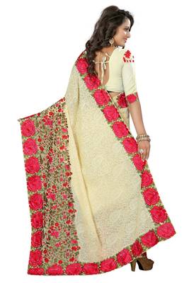 Beige embroidered georgette saree with blouse 3