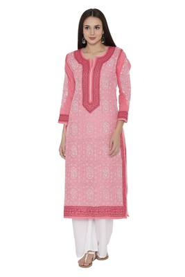 Pink Embroidered Cotton Chikankari Kurti 1