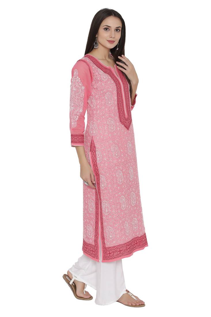 Pink Embroidered Cotton Chikankari Kurti