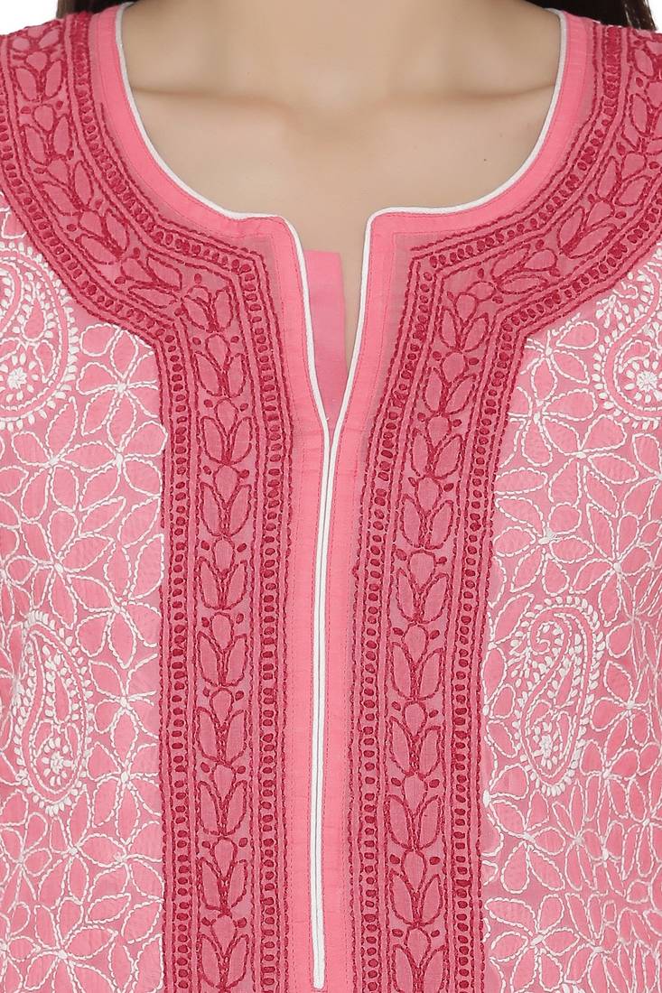 Pink Embroidered Cotton Chikankari Kurti