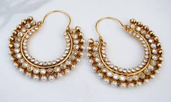 Polki Diamond Pearl Bali Hoop Earrings 1