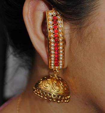 Gold Pearl Red Jhumka Earrings 1