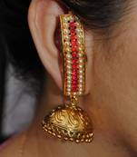 Gold Pearl Red Jhumka Earrings