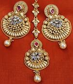 Gold Pearl Drop Chand Bali Earrings With Maang Tikka