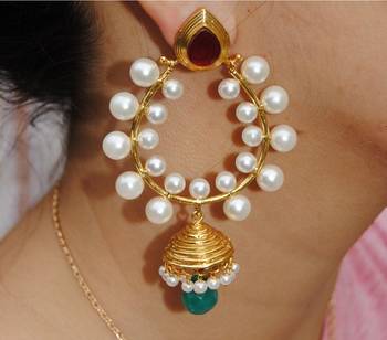 Pearly Red Green Designer Jhumka Earrings 1