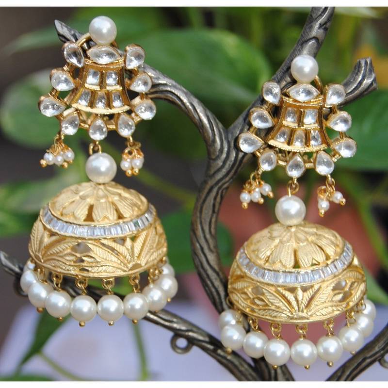 Classic Pearl Diamond Gold Jhumka Earrings