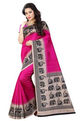 Pink printed bhagalpuri silk saree with blouse 1