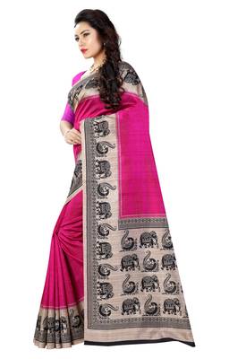 Pink printed bhagalpuri silk saree with blouse 3
