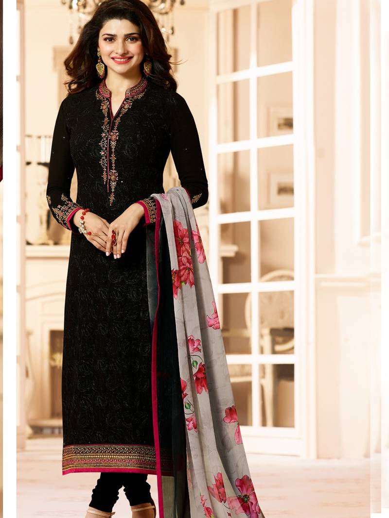 Black embroidered georgette semi stitched salwar with dupatta