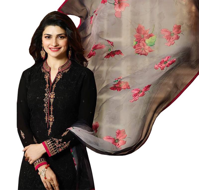 Black embroidered georgette semi stitched salwar with dupatta
