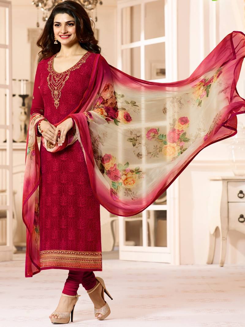 Red embroidered georgette salwar with duptta