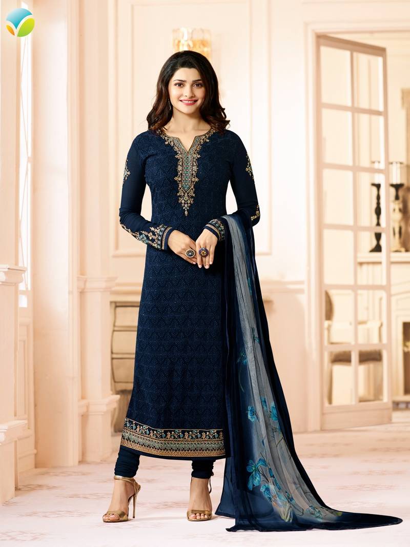 Blue embroidered georgette salwar with dupatta