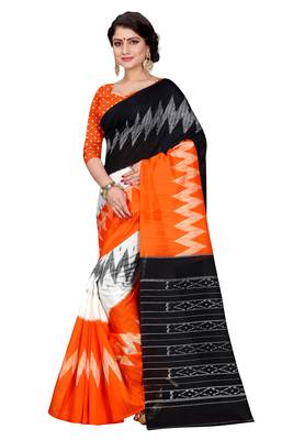 Orange printed bhagalpuri silk saree with blouse 1