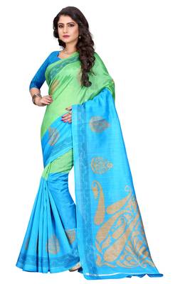 Blue printed bhagalpuri silk saree with blouse 1