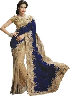 Blue with golden embroidered velvet saree with blouse 1