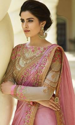 Pink embroidered chiffon saree with blouse 2