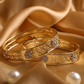 Beautiful Pair Of Golden Stone Bracelets With Intricate Jaaliwork 2