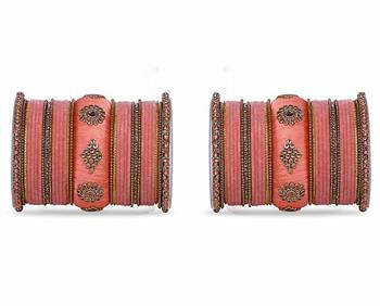 Royal Set Of 2 Velvet & Silk Thread Bangle Set By Leshya Peach 1