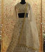 Cream color embroiderey work art silk fabric full stitched crop-top with blouse