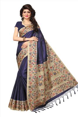 Blue printed khadi saree with blouse 1