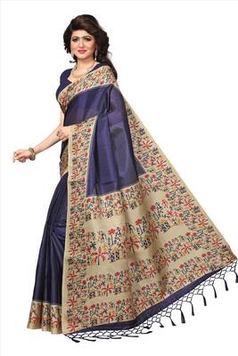 Blue printed khadi saree with blouse 2