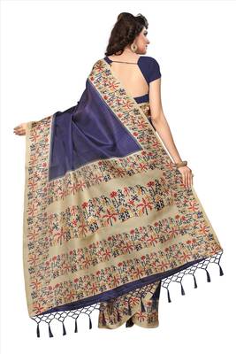 Blue printed khadi saree with blouse 4