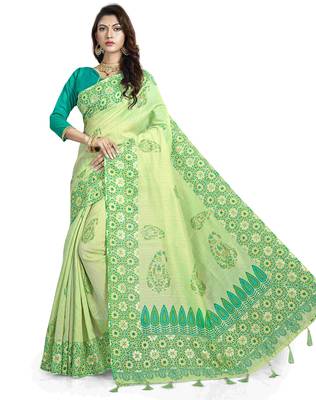 Green embroidered cotton knitted stretch saree with blouse 1