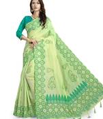 Green embroidered cotton knitted stretch saree with blouse