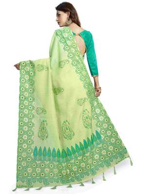 Green embroidered cotton knitted stretch saree with blouse 2