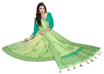 Green embroidered cotton knitted stretch saree with blouse 3