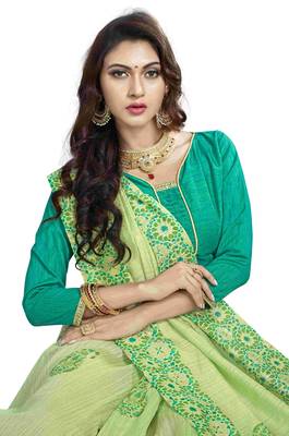 Green embroidered cotton knitted stretch saree with blouse 4