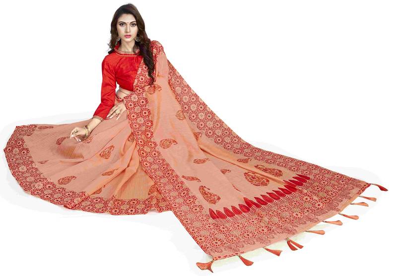 Women Peach Cotton Blend Digital Print Saree With Unstitched Blouse